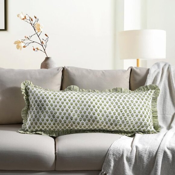 Handmade 100% Cotton Block Print Ruffle Sham Cover 14x36 inch Boho Floral Décor - Picture 1 of 8